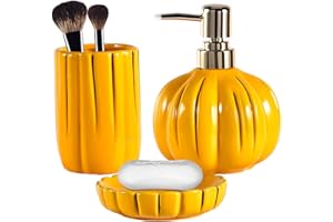 YABCY Keramik Badezimmer Set 3 Teile, Kürbis Lustige Badezimmer Deko, Badezimmer Organizer - Zahnbürstenhalter, Seifenspender, Seifenschale, Gelb