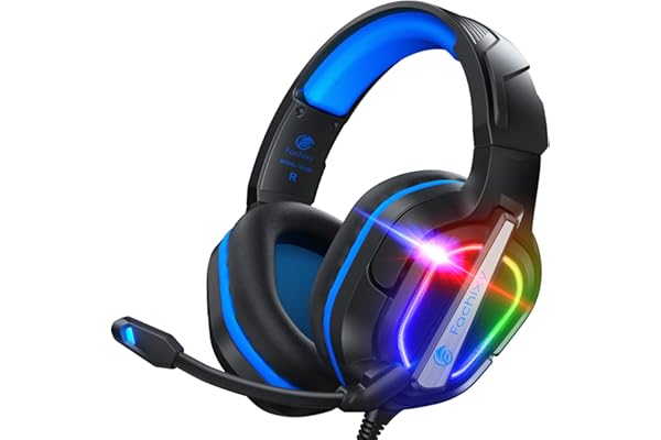Fachixy FC200 Cascos Gaming para PS5, PS4, PC, Xbox One, Switch, Auriculares Gaming Cancelación de Ruido, Cascos con Microfono Estéreo Sonido, Cascos para PS5 con 3.5mm Jack con Luz RGB (Azul)