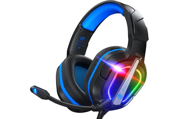 Fachixy FC200 Cascos Gaming para PS5, PS4, PC, Xbox One, Switch, Auriculares Gaming Cancelación de Ruido, Cascos con Microfono Estéreo Sonido, Cascos para PS5 con 3.5mm Jack con Luz RGB (Azul)