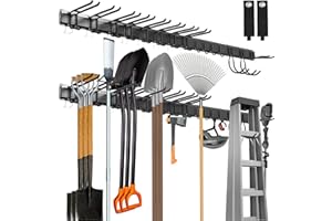 Sinoer - Organizador de herramientas para pared, organizador de garaje de 80 pulgadas montado en la pared, estante de almacenamiento de herramientas de jardín con 15 ganchos con 2 correas para equipos