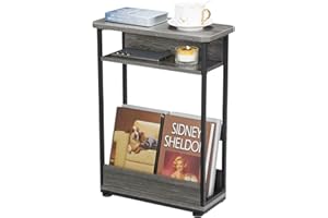 YEAKOO Narrow Side Table,3-Tier Slim End Table with Storage Shelf,Modern Sofa Table Thin Side Table for Narrow and Small Spaces, Skinny Bedside Table Small Nightstand with Magazine Rack Space Saving/Grey