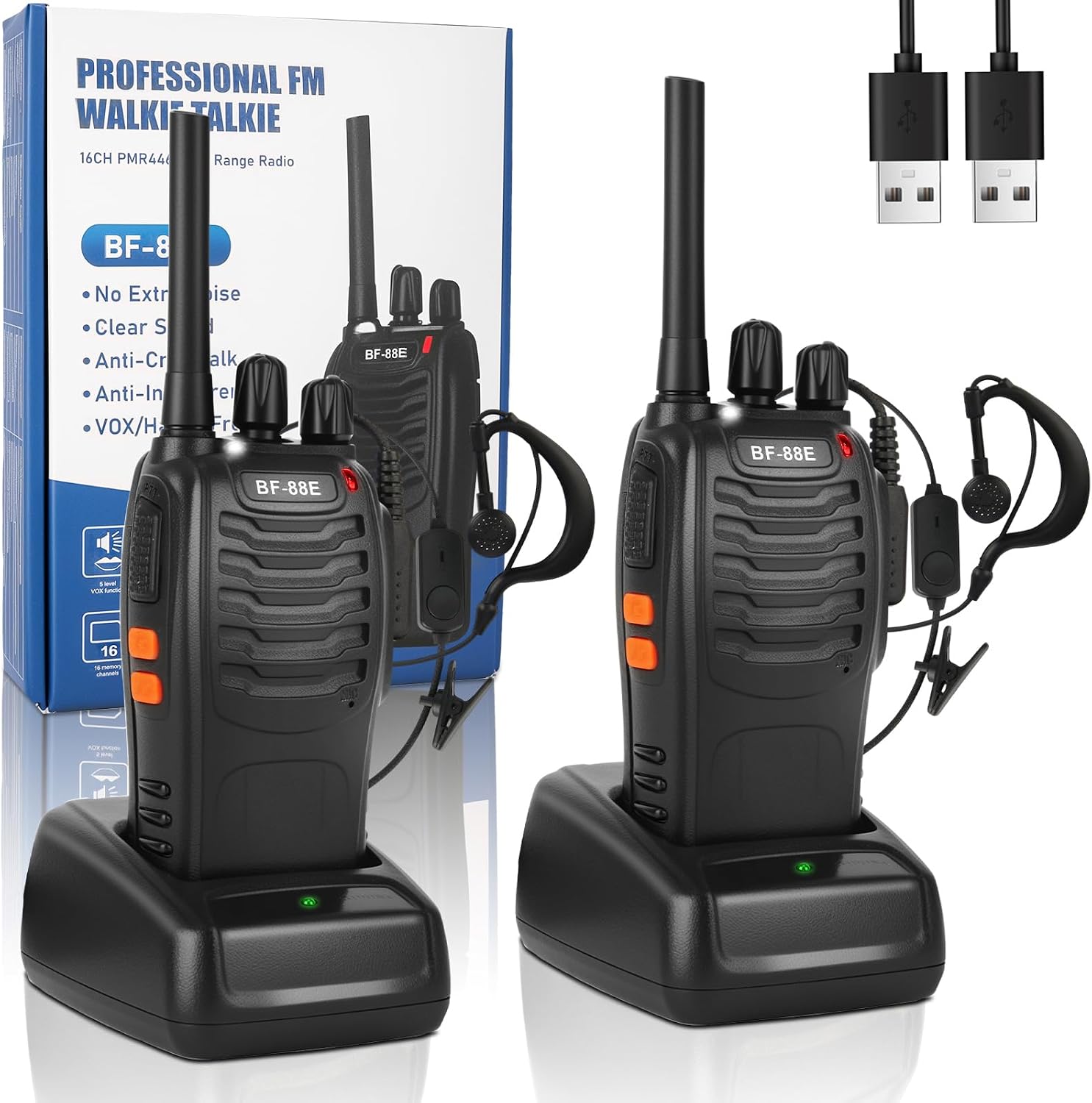 Long Range Walkie Talkies for Adults,16 Channel Two Way Radios with 1500mAh Rechargeable Battery, USB Charging & Earpieces, Supports Hands-Free VOX, LED Flashlight