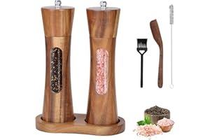 Foyucool Set Macina Sale e Pepe in Legno, 2 Macina Pepe Manuale, Granulosità Regolabile, Rotore in Ceramica, con Vassoio e Pennello per la Pulizia, per Lilla, Pepe, Sale, 7 Pollici (Trasparente)