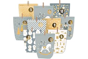 HOECMRHP Adventskalender zum Befüllen, Weihnachtskalender zum selber befüllen, 24 Bedruckt Adventstüten zum selbst füllen, Geschenk Papiertüten mit Zahlen Aufkleber zum Selbstbefüllen (Blau)