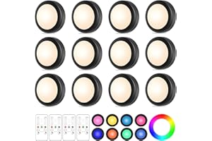 Yiliaw 12er-Pack LED Puck-Lichter mit Fernbedienung,16 Farbwechsel Unterbauleuchten,Batteriebetriebene Nachtlichter mit Dimmer & Timer für Schrank,Schlafzimmer und Küche,Schwarz