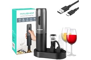 HAUSHOF Cavatappi Elettrico per Vino con Supporto, Set Apribottiglie Professionale 4 in 1 con Tappo per Vino Sottovuoto, Tagliacapsule, Versatore per Vino, Regali per Uomini e Donne Casa Nuova