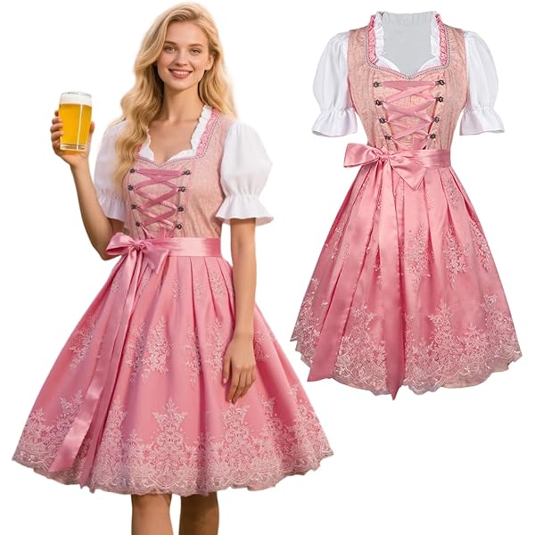 Midi Dirndl Mit Schürze Bluse YesFashion Dirndl Damen - 3-teiliges Set Mit Schürze Für Oktoberfest Trachtenkleid Schwarz Gold