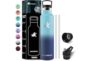 KollyKolla Edelstahl Trinkflasche 1L, Vakuum Trinkflasche Edelstahl, Thermosflasche Kohlensäure Geeignet, mit Strohhalm, BPA-Frei Auslaufsicher Wasserflasche für Erwachsene, Sport, Fahrrad, Camping
