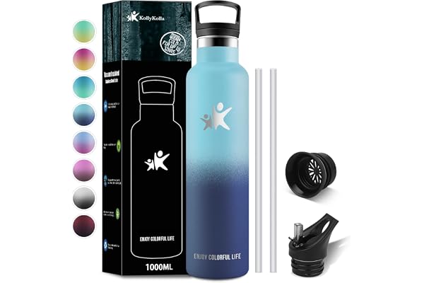 KollyKolla Bouteille Isotherme 1L, Gourde avec en Paille, Gourde Inox sans BPA, Anti-Fuite, Réutilisable, pour Enfant, Adultes, Sport, Gym, Voyage, École, Cyclisme - 2 Couvercles