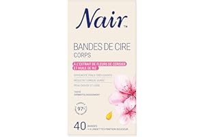 NAIR - Bandes de Cire Froide Corps aux Extraits de Fleur de Cerisier & d'Huile de Riz, 97% d'Origine Naturelle, 40 Bandes + 4 Lingettes "Finition Douceur"