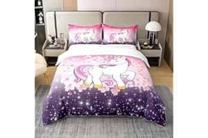 HOMEWISH 100% Baumwolle Kinder Einhorn Bettbezug 155x220,Glitter Ombre Galaxy Pastell Bettwäsche Set für Mädchen,Kirschblüten Komfortbezug,Kawaii Tier Bett Sets mit1 Kissenbezug Fantasy Ästhetik,Rosa Lila