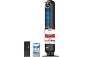 Dreo 20dB Leiser Turmventilator, 10 m Wurfweite 4 Geschwindigstufen 4 Modi 8 Std. Timer 90° oszillierende Ventilator mit Kühlung Fernbedienung für Schlafzimmer, Nomad One, Schwarz