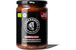 Löwenanteil - 100% Bio Eintopf "CHIPOTLE CHILI" - 570g Glas mit bestem Bio-Rindfleisch & Süßkartoffel - ohne Zuckerzusatz und Glutenfrei - gesundes Fertiggericht mit viel Protein - Menge: 6