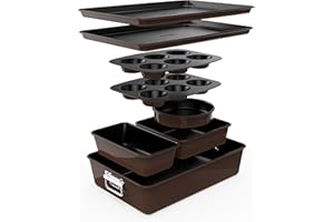 NutriChef Non-Stick Bakeware Set – 8-Piece Stackable Oven-Safe Trays with Cookie Sheet, Loaf Pan, Pizza Pan, Muffin Tin, Cake Tin, Round & Square Pans – Durable & Space-Saving