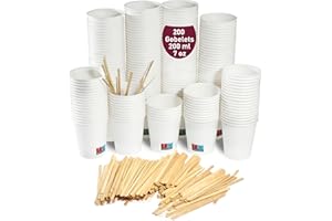 GOBECUPS 200 Gobelets en Carton Jetable de 200 ml / 7 blanc oz avec Agitateurs en Bois pour Café et Autres Boissons, verres carton jetables