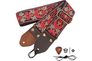 LUNAANDA Sangle De Guitare, Sangle En Jacquard Avec Extrémités En Cuir Sangle Guitare Pour Guitare Réglable Brodé Jacquard Styles Vintage En Vedette, Pour Guitare Western, Basse