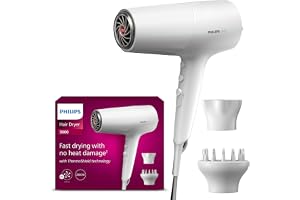 Hair Dryer 5000 Series, ThermoShield-teknik, jonisk, 2 100 W, vit, med stylingmunstycke och volymmunstycke, modell BHD500/20
