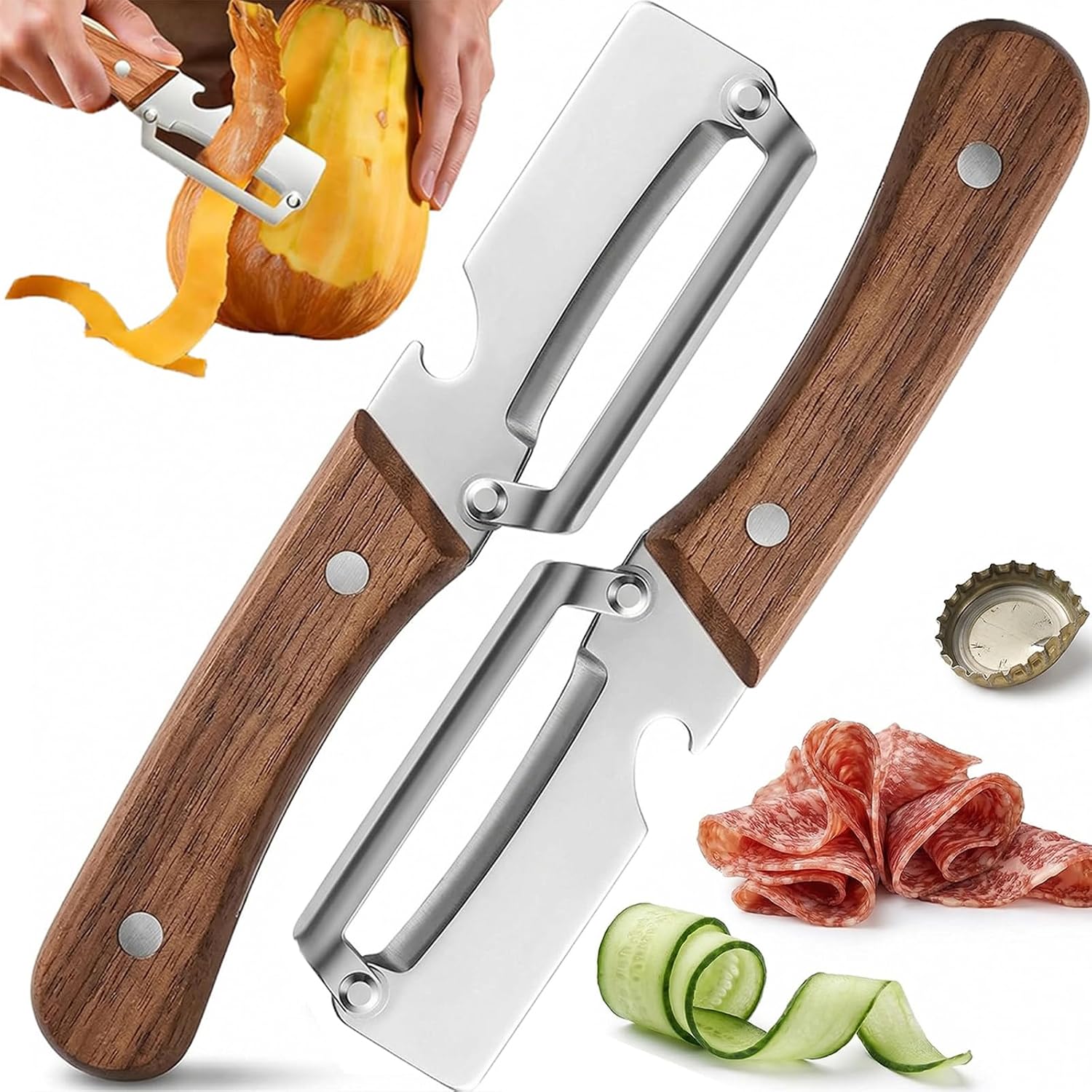 Pelador Multifuncional 3 en 1 con Mango de Madera Ergonómico, Pelador de Patatas y Frutas de Acero Inoxidable con Abrebotellas y Función de Cortador para Embutidos y Verduras - Zero Snag (2)