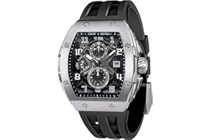 TSAR BOMBA Montre de Luxe Homme Etanche 50M Tonneau Analogique Chronometre Squelette Carrée Grand Cadran Plongee Sport Montres Mouvement Japonais Bracelet Silicone Miroir Saphir Lumineux