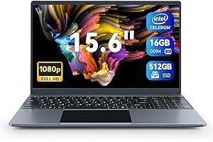 Geviar 15.6'' Laptop 16GB DDR4 512GB SSD, Quad-Core Intel Celeron N5095 Processors, 1080P IPS FHD Display, USB 3.0, Bluetooth 4.2, 2.4/5G WiFi,Numeric Keypad