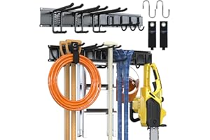 3-H Porte Outils de Jardin Mural 80cm, Range Outils de Jardin Acier Carbone avec 2 Rails & 7 Crochets de Garage Réglables & 2 Crochets en S & 2 Sangle, Support Mural Modulable pour Ski Balai Râteau