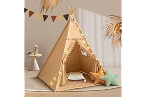 WIRHAO Tipi Zelt für Kinder mit gepolsterter Matte Baumwolle Canvas Tipi Kinder Zelt mit Pompom Indoor Kinderzelt für Mädchen Jungen mit Sternen Lichter, Tragetasche, Banner Flagge (Khaki)