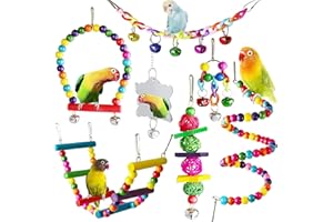 Jortmrd 7 Piezas Juguetes Agapornis Juguetes para Pájaros con Campanas Columpio Juguetes Hamaca de Madera Perchas Colorido Juguetes Loros Accesorios Juguetes para Periquitos Pinzones Cockatiels