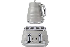 Salter Ripple Taupe Toaster & Kettle Set – 4-Slice 1630W Toaster, 6 Browning Levels, Defrost/Reheat/Cancel, 1.7L Rapid Boil Kettle with Removable Limescale Filter, Auto Shut-Off, Textured Design