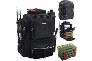 Goture Angelrucksack mit 4 Köderbox Angeln, 45-Liter Angelzubehör-Rucksack mit Zwei Rutenhaltern und Regenschutz, Wasserabweisende Angelgerätetasche mit verstellbarem Fach und 8 Ködertaschen