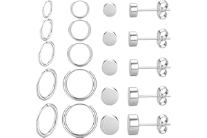 JeweBella 10 Paia Orecchini Uomo Acciaio Inossidabile Orecchini Cerchio Piccoli Argento Neri Orecchini Punk Classic Tondo Orecchini Anallergici Set di Orecchini per Uomo Donna