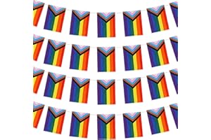 BAYMETY 32.8Ft Pride Decorations Bunting Banner,Polyester Rainbow Bunting 30Pcs Progress Pride Flags Rectangle Gay LGBTQ Vivid Color Stripes Banner Accessories For Pride Month Outdoor Home Garden Party Decor