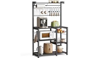 ‎VASAGLE VASAGLE Regał kuchenny, regał stojący, regał, blat roboczy, wyspa kuchenna z listwą magnetyczną na noże, kosz druciany, uchwyt na ręczniki kuchenne, 12 haczyków, kolor hebanowo-czarny KKS026B42