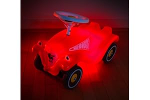 Big Bobby Car z oświetleniem LED, 4 tryby świecenia, szepty pasek i dodatkowy zestaw naklejek z lat 70., samochód zjeżdżalny dla małych dzieci i dzieci od 12 miesięcy, czerwony
