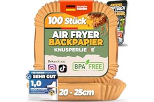 KNUSPERLIEBE® Backpapier für Heißluftfritteuse XXL 20-25cm 5-7,3 L, 100 Stück Airfryer Liner, Ölbeständig Antihaft Einwegschalen Pergamentpapier Für: Philips,COSORI