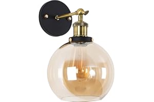 MiniSun Industrial Antique Brass & Black Metal Adjustable Knuckle Joint Wall Light Fitting with Amber Tinted Shade - Complete with a 4w LED Filament Bulb [2700K Warm White]