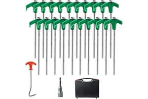 ROIIKETU 20pcs Steel Tent Pegs with Tip & Nail Tips,20cm Ground Pegs Camping Pegs with Thread,Heavy Duty Tent Pegs for Hard Lands, Forests, Lawns (20PCS-Green)
