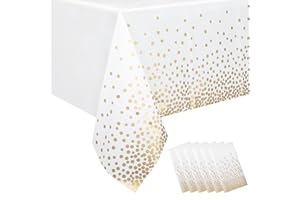Qidordour 6 Pack Party Table Cloth, White Disposable Plastic Table Covers, Rectangle Tablecloth Wipe Clean for Parties, Birthday, Wedding, Outdoor, Christmas, Halloween 54" x 108", White and Gold Dot