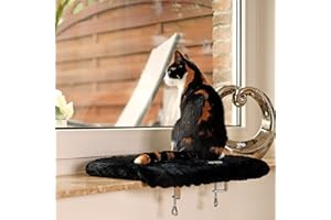 lionto Window lounger for cats padded made of plush, 35x50 cm, cat bed for window sills, installation without drilling, removable and washable cover, loadable up to 15 kg, black