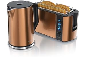 ‎ARENDO Arendo - Wasserkocher mit Toaster SET Edelstahl Kupfer, Wasserkocher 1,5L 40° 100°C Warmhaltefunktion Toaster 4 Scheiben Display 6 Bräunungsgrade Brötchaufsatz