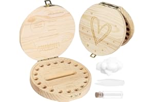 Qetlavee Zahndose Holz,Milchzahndose,Zahnbox Holz Milchzähne Box mit Pinzette&Wunschflasche,Aufbewahrungsbox für Kinder Zähne,Souvenir Geschenke für Mädchen&Jungen,Erinnerungsboxen für Babys-Herzform