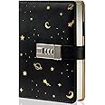 Starry Leather Journal with Lock, Refillable Paper Binder Password Diary, Secret A6 Writing Hardcover Notebook for Women Girls Boys, 5.12 X 7.29 Inch