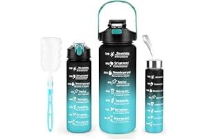 MOFELON 3 Pack Water Bottle BPA Free ,2L/800ML/300ML Sport Water Bottles with Straw & Brush,Motivational Time Markings, Leak-Proof, 2 Liters Gym Drinks Bottle for Adults Women, Running,Cycling-Black Blue