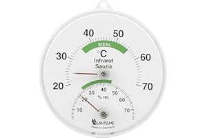 Lantelme Thermohygrometer für Infrarotsauna Temperaturanzeige 20°C bis 70°C Analog | Deutsche Herstellung | Thermometer Hygrometer für Temperatur Luftfeuchte | Klimamesser Saunazubehör Infrarotkabine