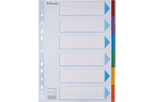 Esselte Divisori per Raccoglitori con 6 Tasti, Formato A4, Blu/Multicolore, Cartoncino Robusto Riciclato, 6 Tasti con Pagina Indice, 100192