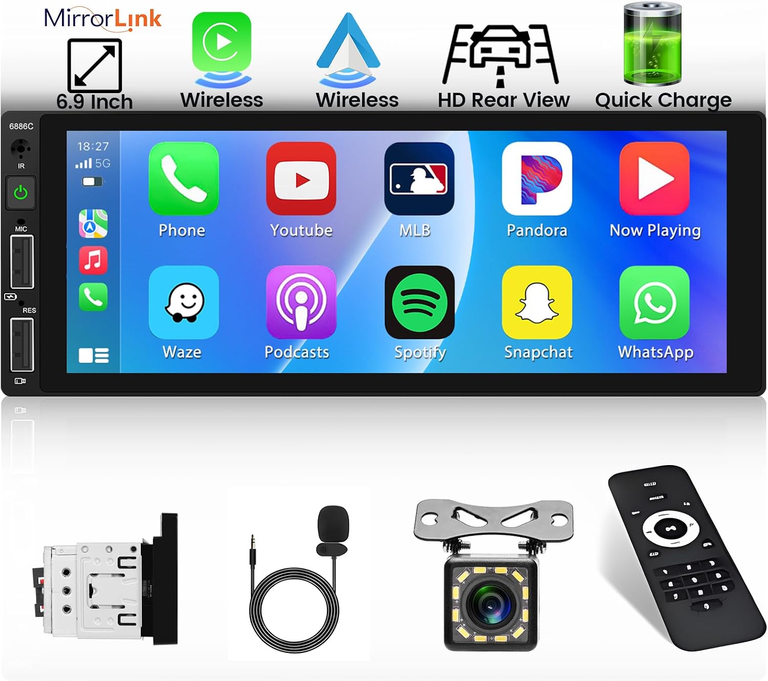 Inefala Wireless Carplay Radio Coche Bluetooth Pantalla 1 DIN con Android Auto inalámbrico, 6,9" Pantalla Táctil Autoradio Bluetooth con Mirror Link FM USB Type-C Mic SWC Cámara Trasera