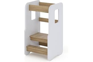ComfortCove Lernturm ab 1 Jahr, Sicherer & Stabil Tritthocker Kinder, 3-stufig höhenverstellbarer Lernturm für Kinder, Montessori Learning Tower für Kleinkinder, Kinderstuhl Holz, Weiß/Eiche
