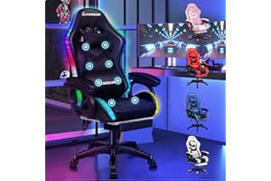ELFORDSON Gaming Chair with 8-Point Massage LED Light, Computer Office Chair with Footrest 82cm High Back 150° Recliner, PU Leather, Black