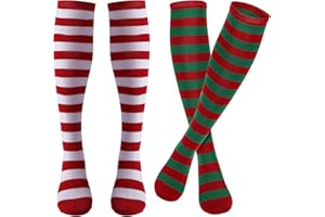 Sibba 2 Paar Gestreifte Lange Socken Strumpfhosen Kostüm Farbe Sox Strümpfe Schuhe Zubehör Rot Kniehoch Weihnachtskleidung Gothic Für Schule Halloween Cosplay Party Mädchen Frauen (Rot mit Grün)