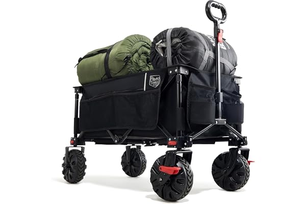 TIMBER RIDGE XXL Chariot de Transport Pliable avec Frein Chariot Plage à roulettes Tout Terrain Roues Amovibles Poignée Réglable Poche Latérale pour Jardin Plage Camping Pique-Nique BBQ Match