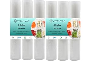 VITAL VAC 6 Rollos Para Envasar al Vacío Alimentos de 28x300 cm | Para Bolsas de Envasadora al Vacío | Reutilizables | Válidos para Conservación, Congelación, Microondas y Cocción Sous Vide
